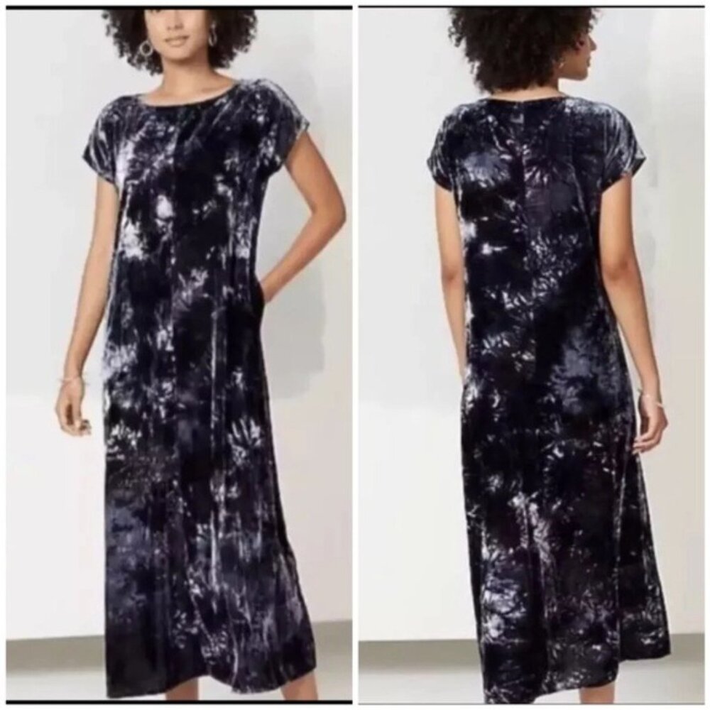 J. Jill pure deep blue tie dye crushed velvet maxi shift dress M